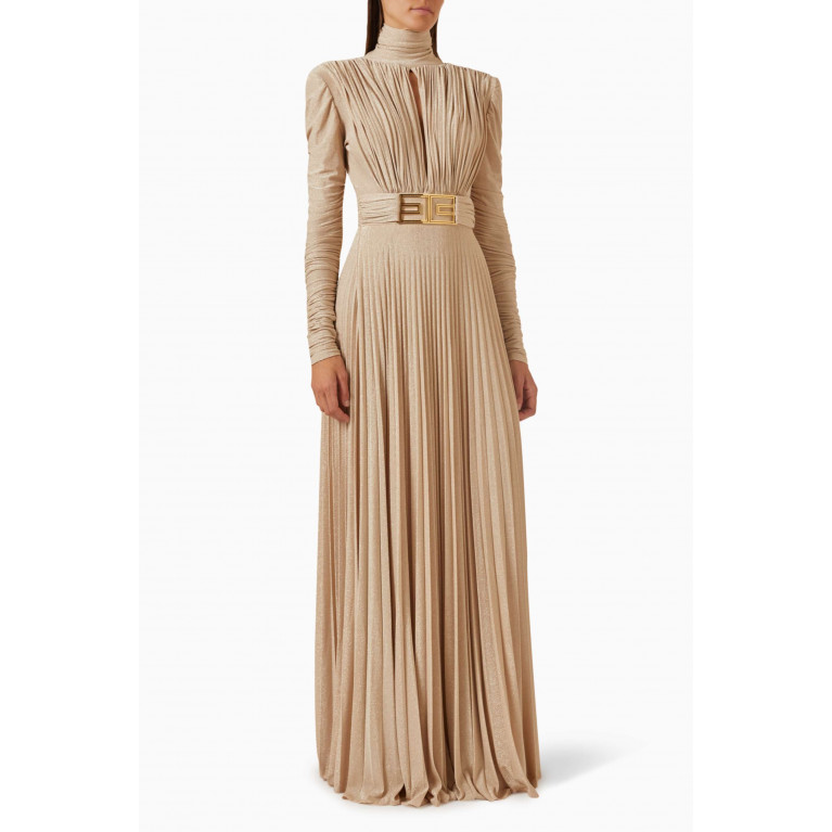 Elisabetta Franchi - Pleated High-neck Maxi Dress in Lurex Gold