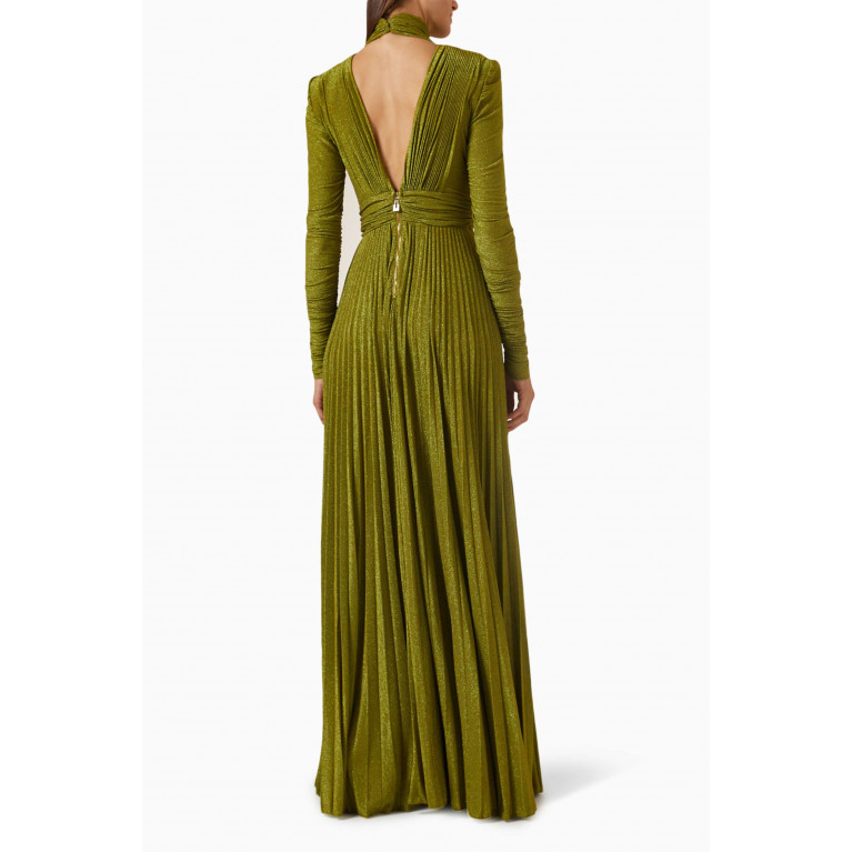Elisabetta Franchi - Pleated High-neck Maxi Dress in Lurex Green