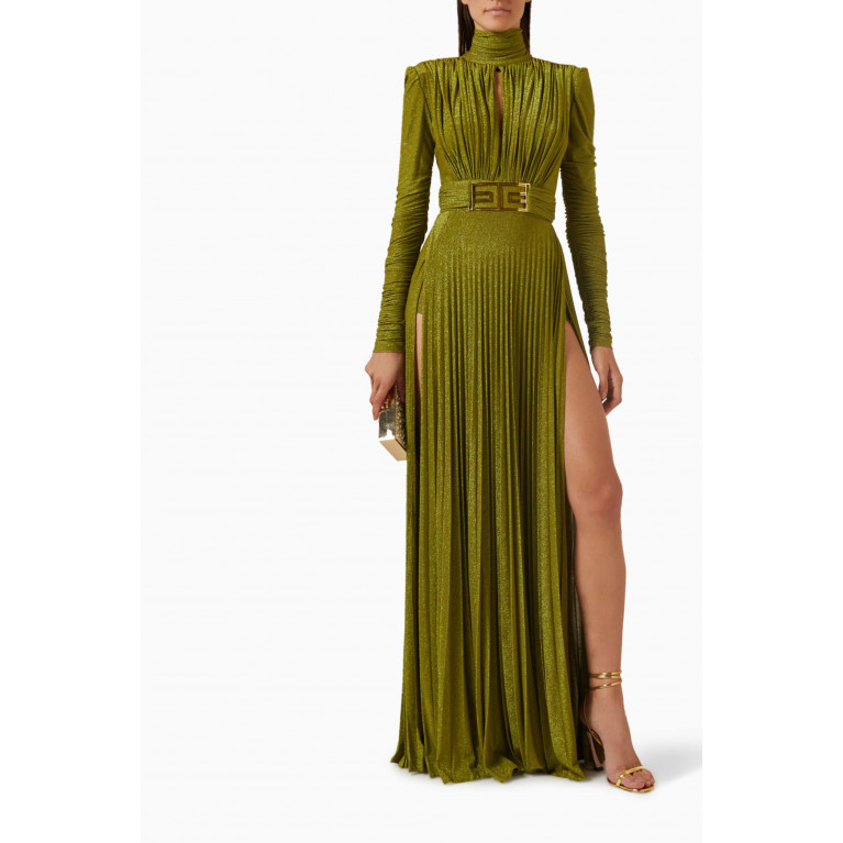 Elisabetta Franchi - Pleated High-neck Maxi Dress in Lurex Green