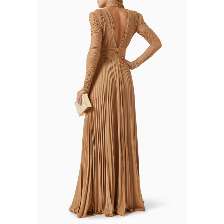 Elisabetta Franchi - Pleated High-neck Maxi Dress in Lurex Brown