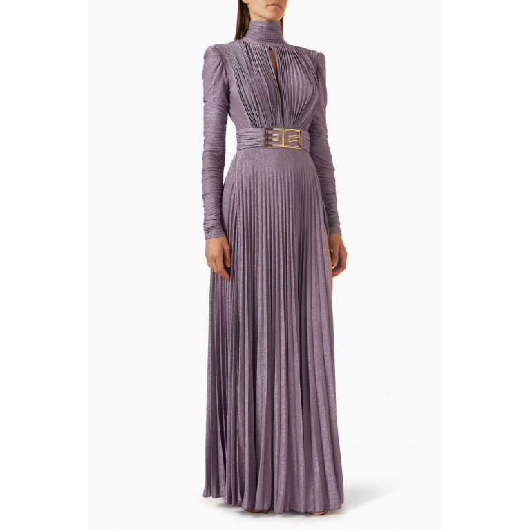 Elisabetta Franchi - Pleated High-neck Maxi Dress in Lurex Purple