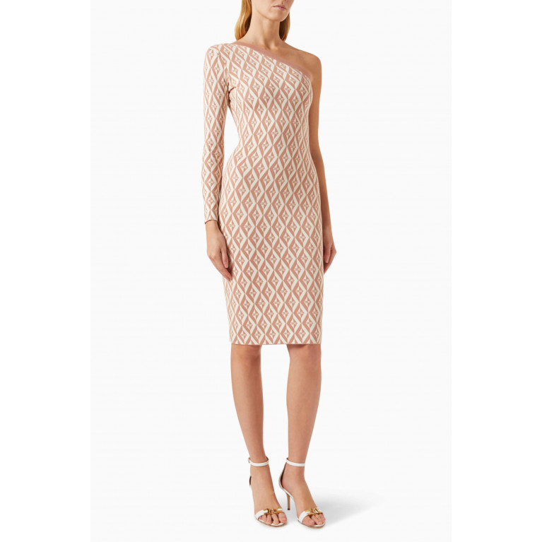 Elisabetta Franchi - One-shoulder Diamond-pattern Midi Dress in Knit Neutral
