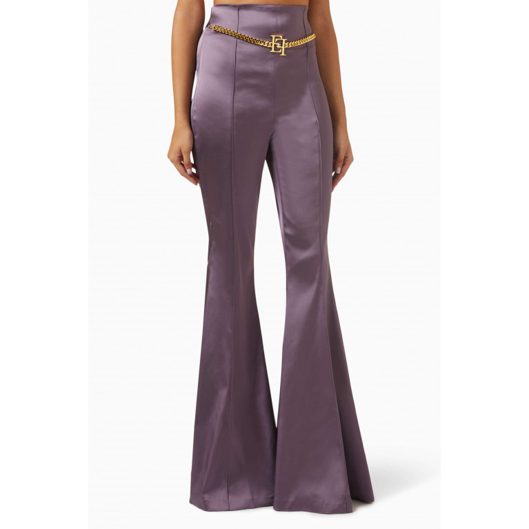 Elisabetta Franchi - High-waist Logo-chain Pants in Stretch-satin Purple