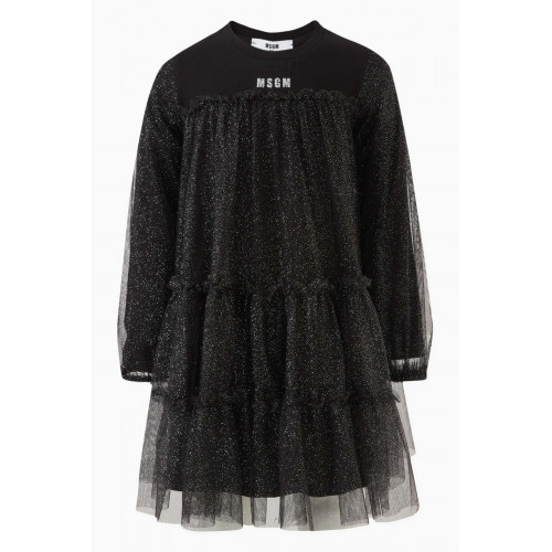 MSGM - Logo Dress in Cotton Jersey & Glitter Tulle