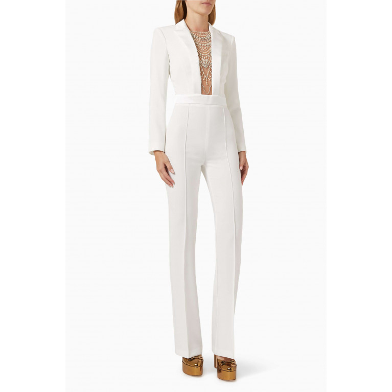 Elisabetta Franchi - Pearl & Rhinestone Embroidery Jumpsuit in Crepe White