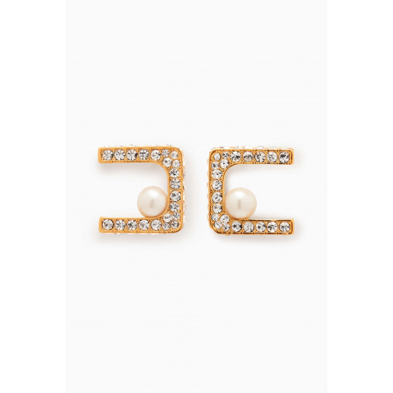 Elisabetta Franchi - EF Pearl & Rhinestone Stud Earrings in Gold-plated Metal