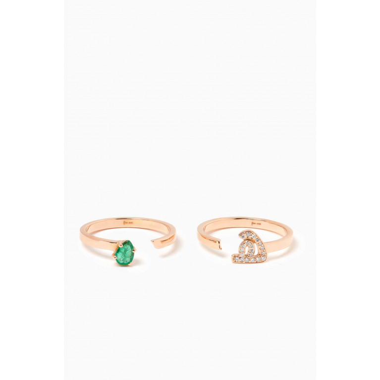 HIBA JABER - Arabic Initial Emerald & Diamonds Thick Duo Rings in 18kt Rose Gold