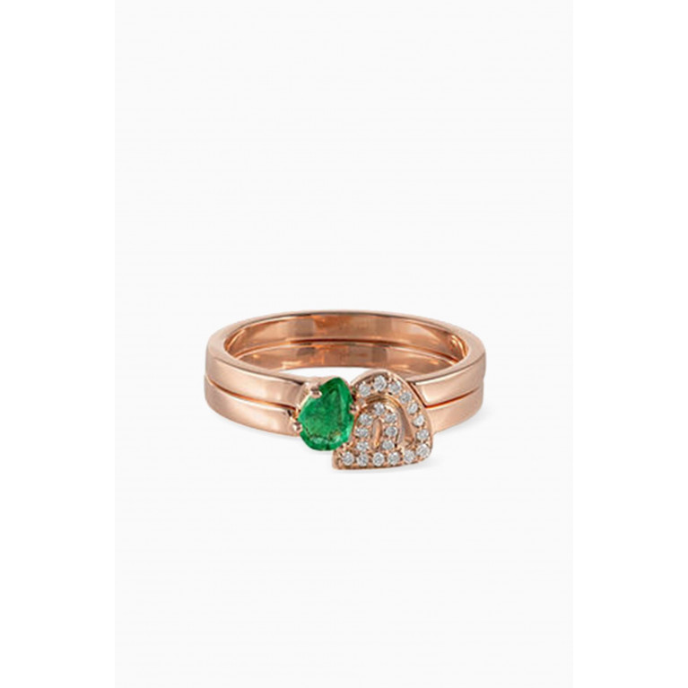 HIBA JABER - Arabic Initial Emerald & Diamonds Thick Duo Rings in 18kt Rose Gold