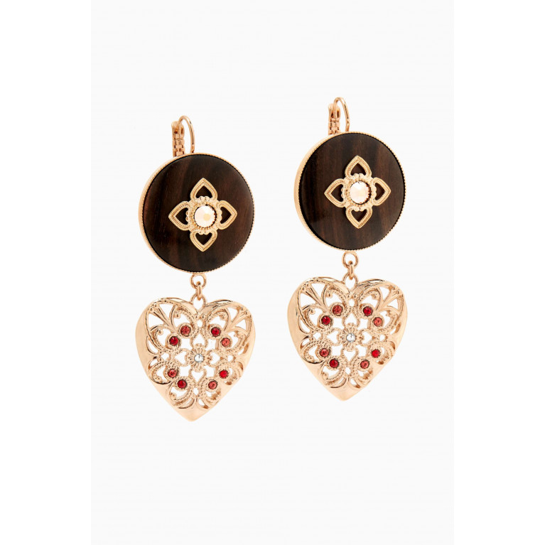 Satellite - Prestige Feminine Crystal & Wood Heart Sleeper Earrings in 14kt Gold-plated Metal