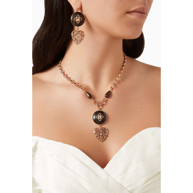 Satellite - Prestige Crystal & Wood Heart Long Necklace in 14kt Gold-plated metal
