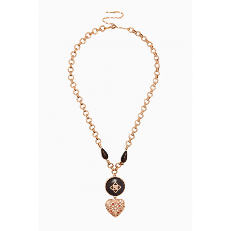 Satellite - Prestige Crystal & Wood Heart Long Necklace in 14kt Gold-plated metal