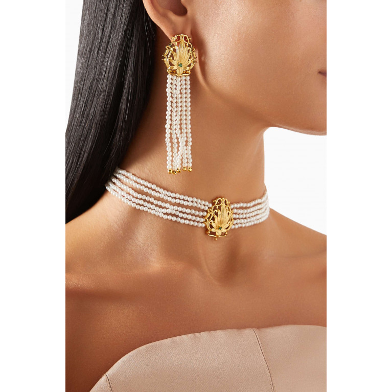Lynyer - Lotus Pearl Chandelier Earrings in Gold-plated Brass White