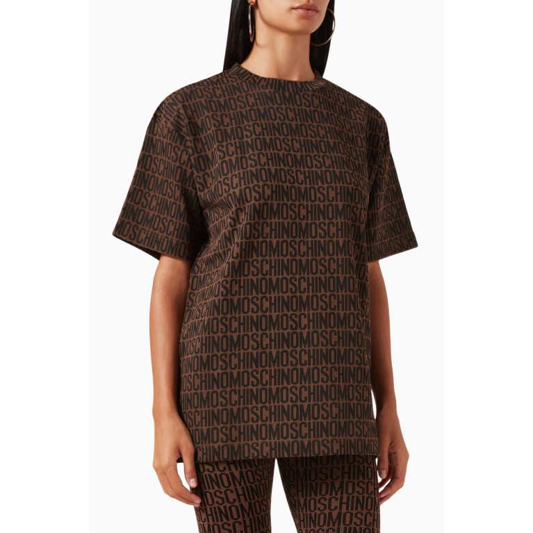 Moschino - All-over Logo T-shirt in Cotton-blend Jersey Brown