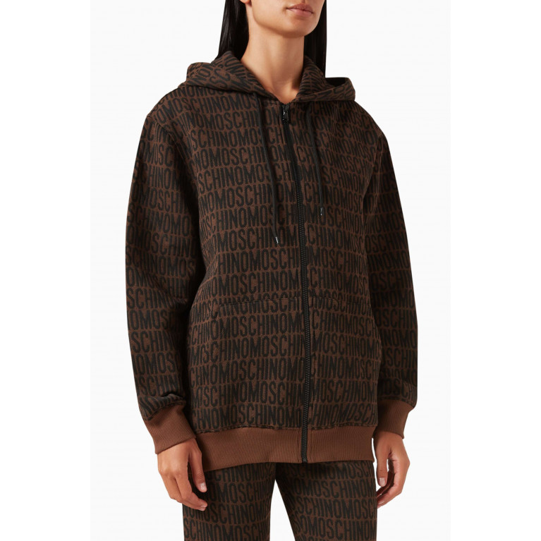 Moschino - All-over Logo Zip-up Hoodie in Cotton-blend Brown