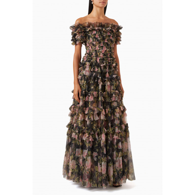 Needle & Thread - English Rose Lisette Off-shoulder Gown in Nylon Black