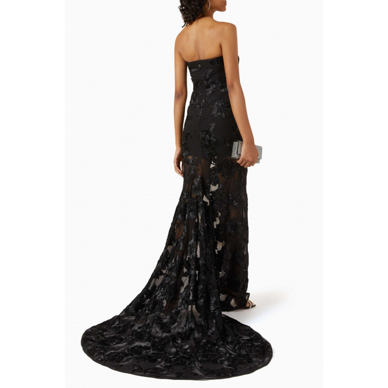 Rotate - 3D Floral-embroidered Strapless Maxi Dress in Mesh