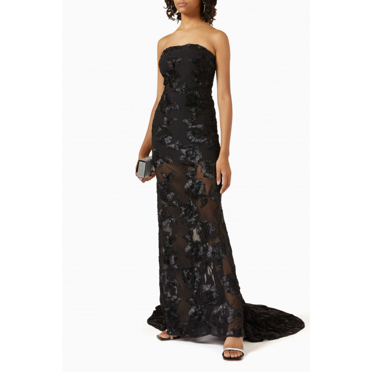 Rotate - 3D Floral-embroidered Strapless Maxi Dress in Mesh