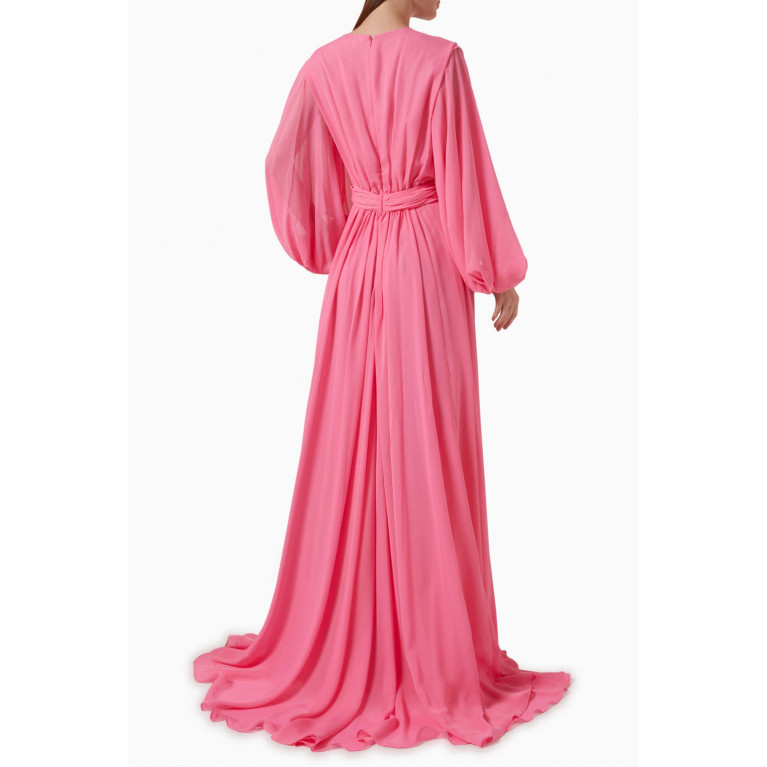 Reem Acra - Blouson-sleeve Belted Gown in Chiffon