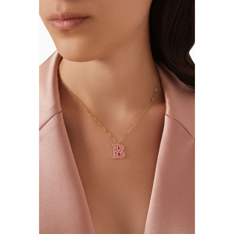 Damas - Amelia Cherry Blossom "B" Initial Two Sided Necklace in 18kt Yellow Gold
