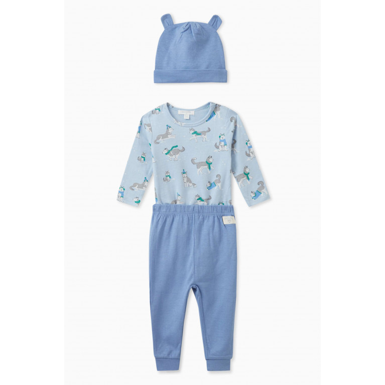 Purebaby - Arctic Animal Bodysuit 3-piece Gift Set in Organic Cotton Blend Blue