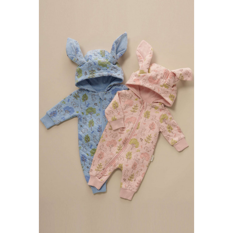 Purebaby - Bunny-motif Quilted Sleepsuit in Organic Cotton Blue