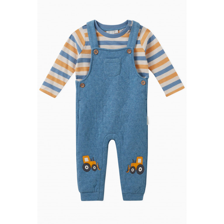 Purebaby - Striped Truck-motif Dungarees Set in Cotton
