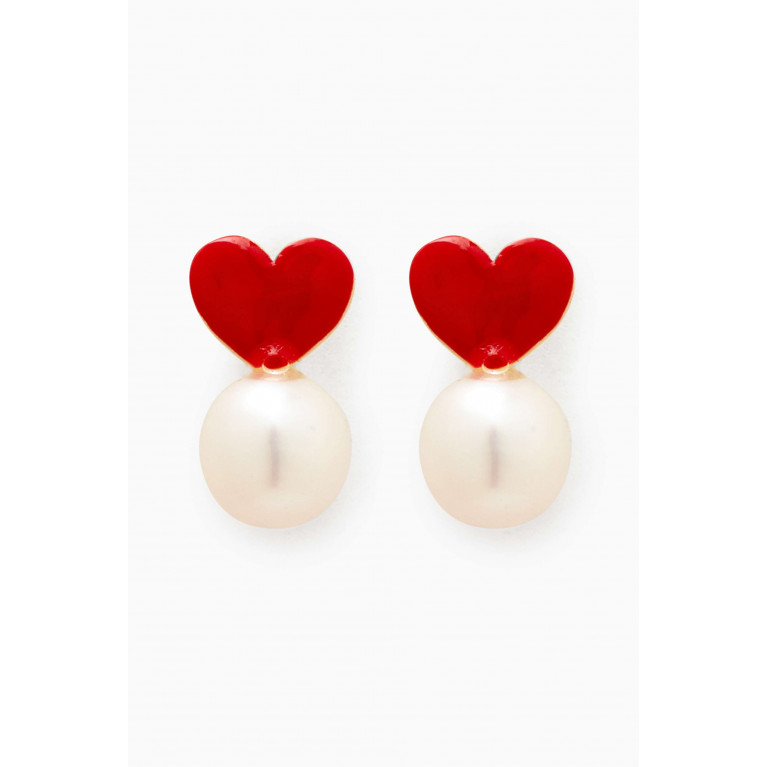 Baby Fitaihi - Heart & Pearl Earrings in 18kt Yellow Gold