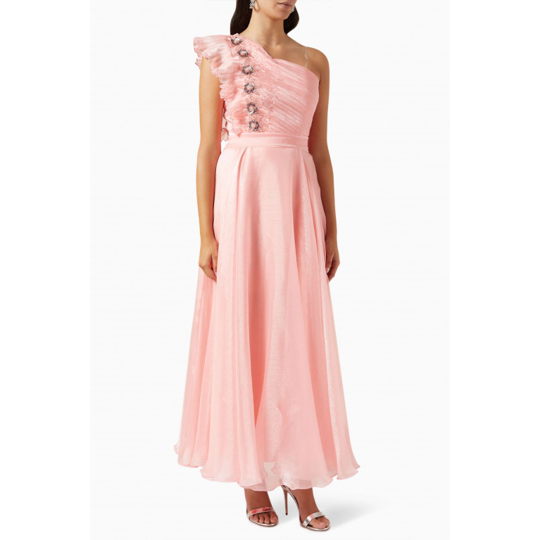 NASS - One-shoulder Embellished Maxi Dress in Metallic-tulle Pink