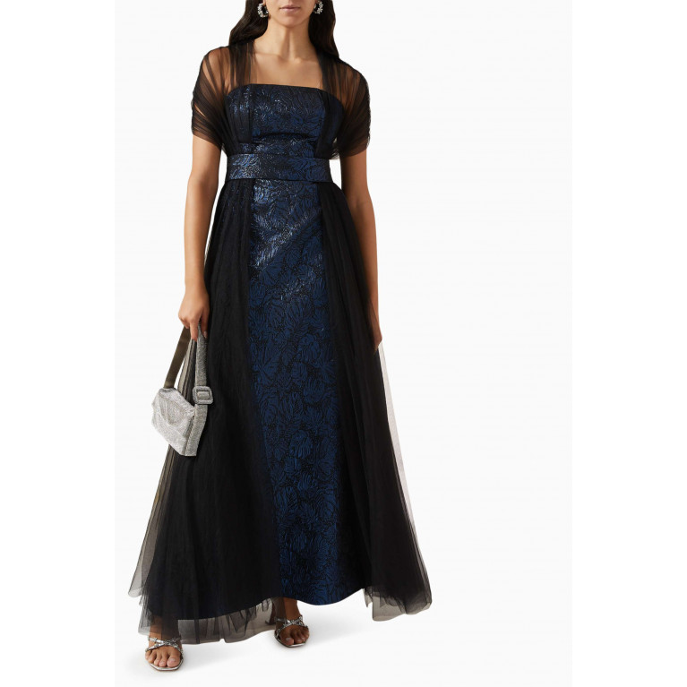 NASS - Belted Strapless Maxi Dress in Jacquard Blue