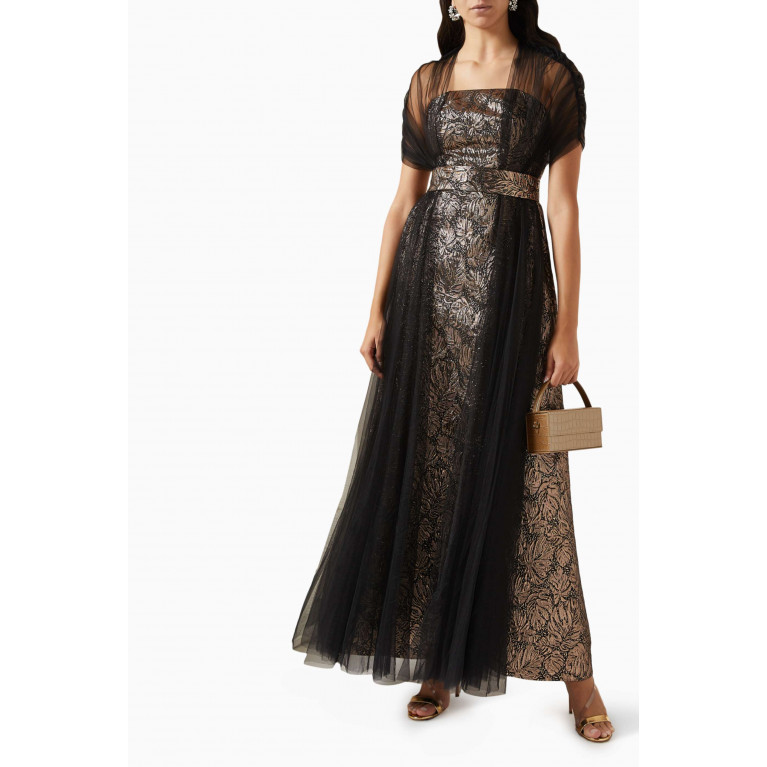NASS - Belted Strapless Maxi Dress in Jacquard Gold
