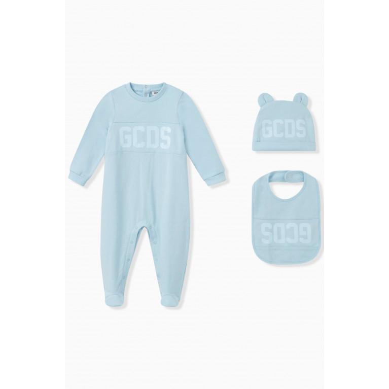 GCDS - Logo Sleepsuit, Bib & Hat Set in Cotton Blue