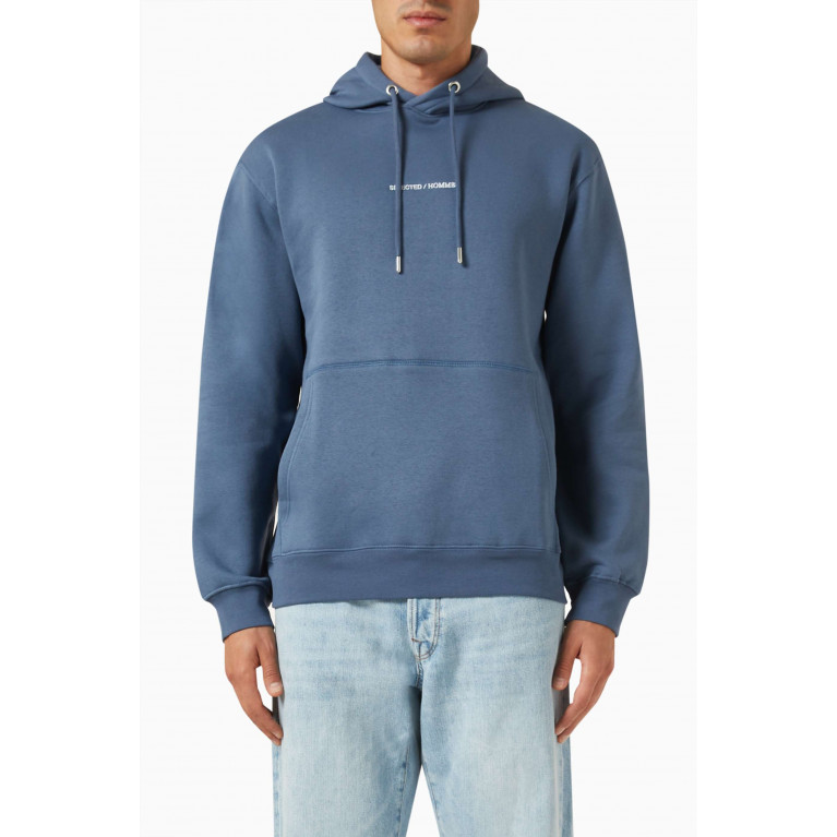 Selected Homme - Logo Hoodie in Recycled Cotton Blend Blue