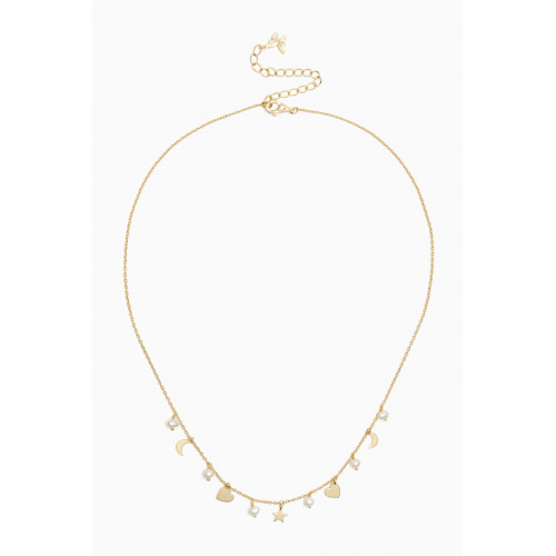 By Adina Eden - Dangling Multi Charms & Pearls Necklace in 14kt Gold-plated Silver