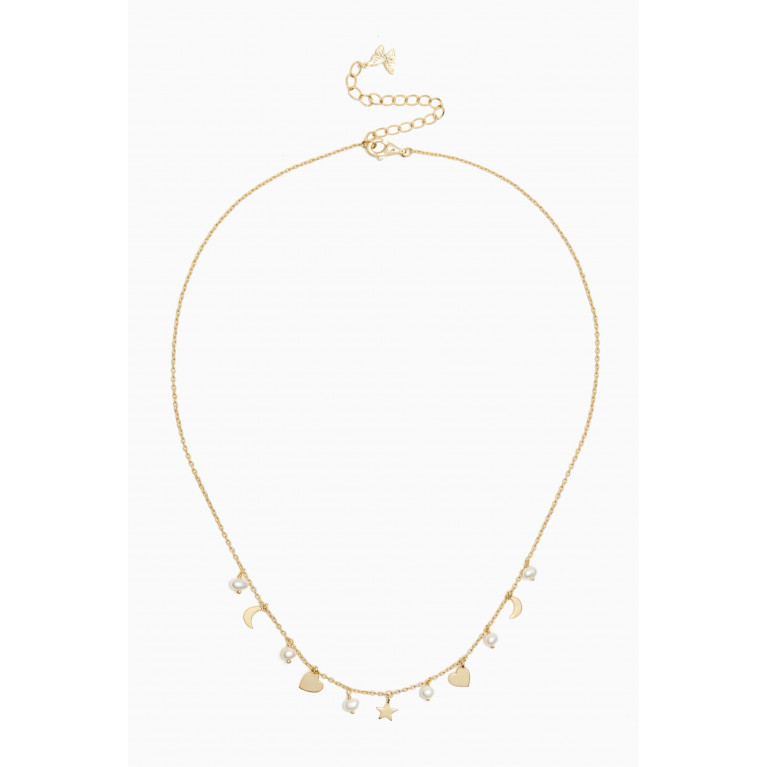 By Adina Eden - Dangling Multi Charms & Pearls Necklace in 14kt Gold-plated Silver