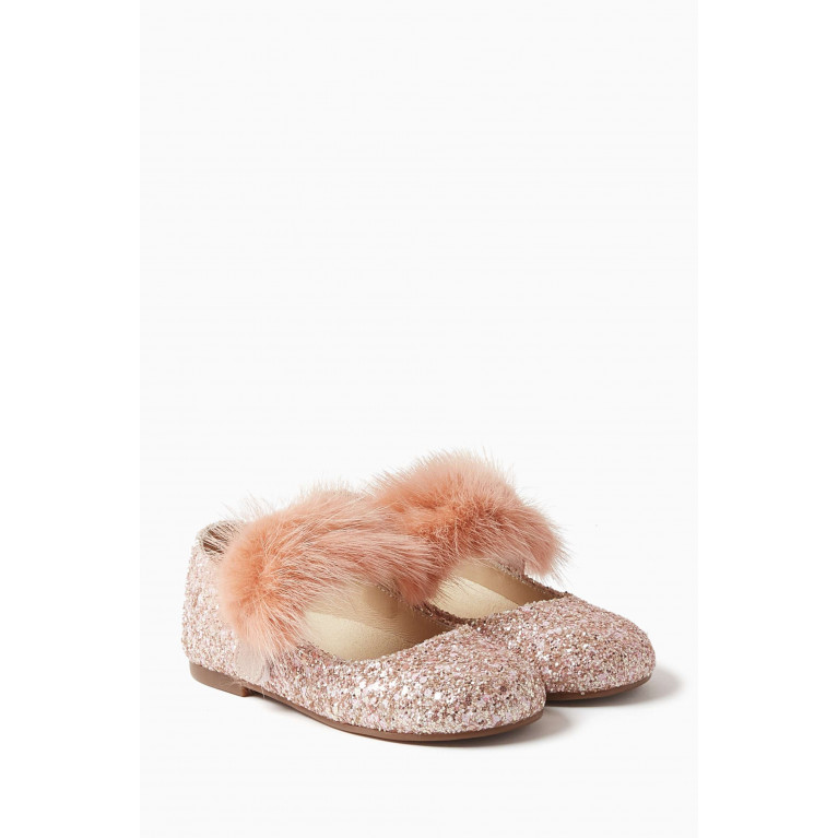Babywalker - Fur-embellishment Glitter Ballerina Shoes Pink