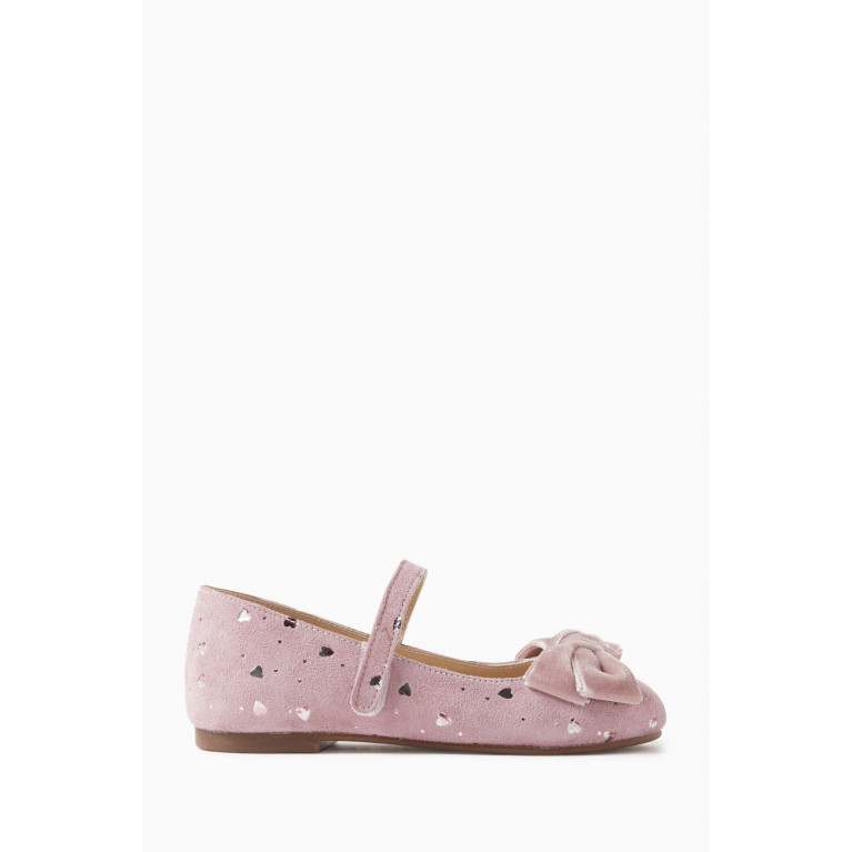 Babywalker - Hearts-motif Bow Ballerina Shoes in Leather Pink