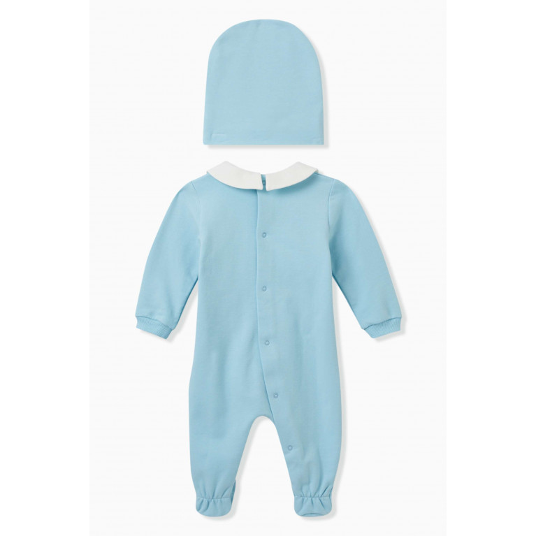 Moschino - Teddy Bear Romper & Hat Set in Cotton Jersey Blue