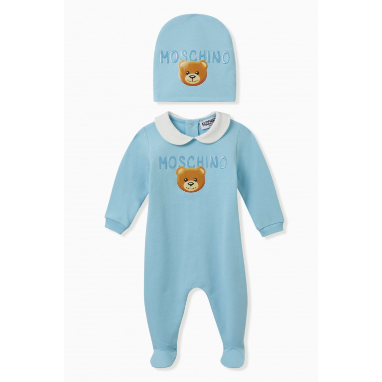 Moschino - Teddy Bear Romper & Hat Set in Cotton Jersey Blue