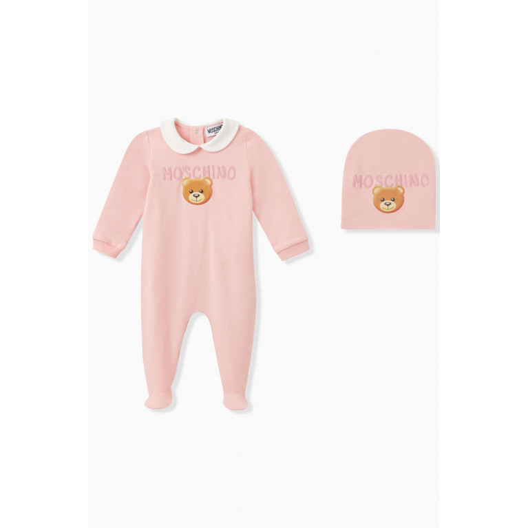 Moschino - Teddy Bear Romper & Hat Set in Cotton Jersey Pink
