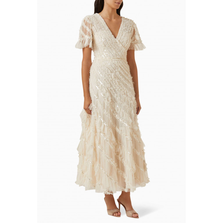 Needle & Thread - Spiral Sequin V-neck Ankle Gown in Tulle Neutral
