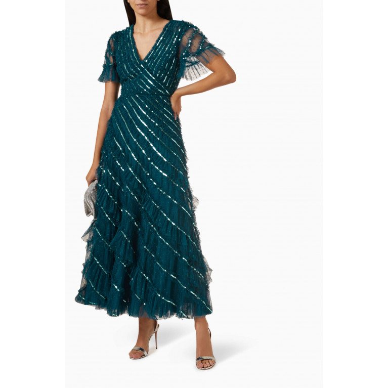 Needle & Thread - Spiral Sequin V-neck Ankle Gown in Tulle Blue