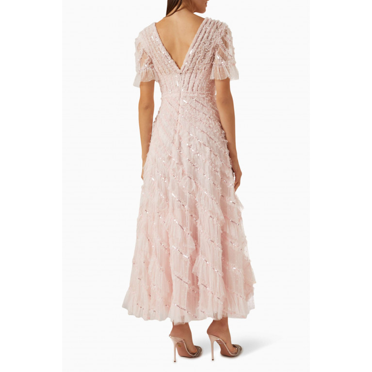 Needle & Thread - Spiral Sequin V-neck Ankle Gown in Tulle Pink