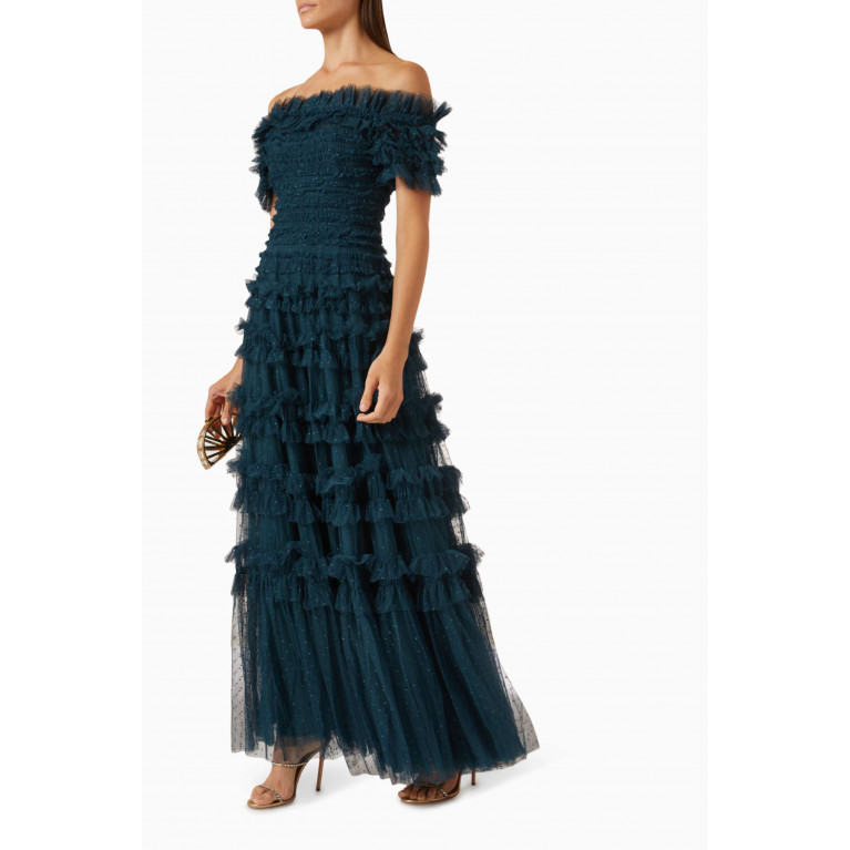 Needle & Thread - Lisette Ruffle Off-shoulder Maxi Dress in Tulle Green