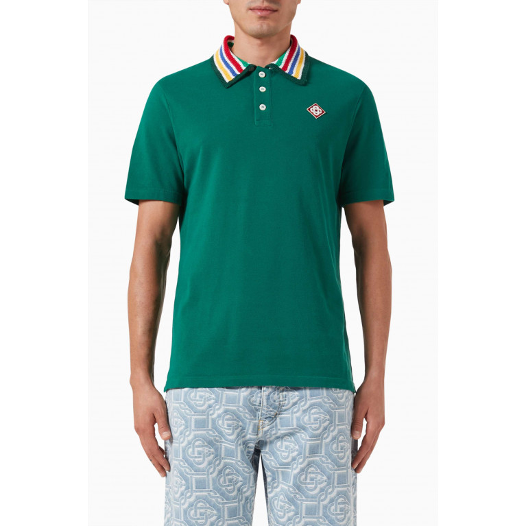 Casablanca - Striped Knit Collar Polo Shirt in Organic Cotton Green