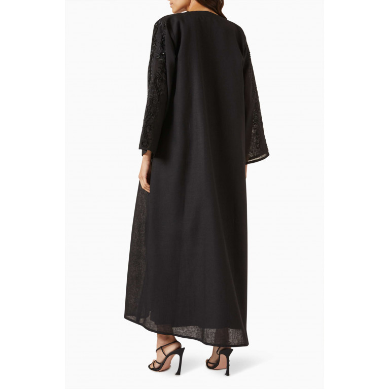 Rauaa Official - Pearl-embellished Abaya Set in Linen Black