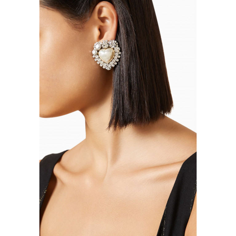 Alessandra Rich - Crystal & Pearl Heart Stud Clip-on Earrings