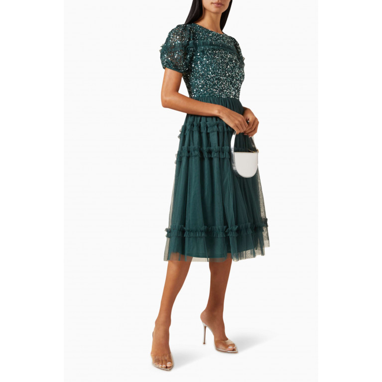 Maya - Sequin-embellished Ruffle Midi Dress Green