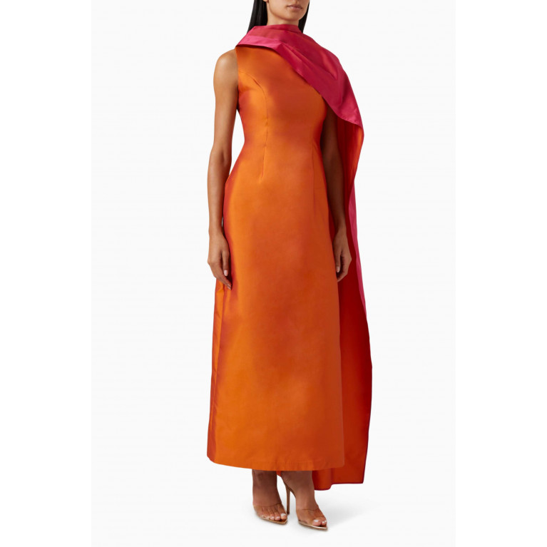 Roua AlMawally - Two-tone Scarf Maxi Dress in Taffeta Orange