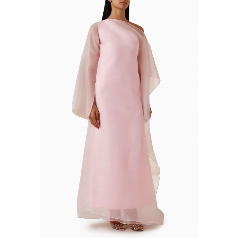 Roua AlMawally - Layered One-shoulder Maxi Dress in Satin & Organza Pink