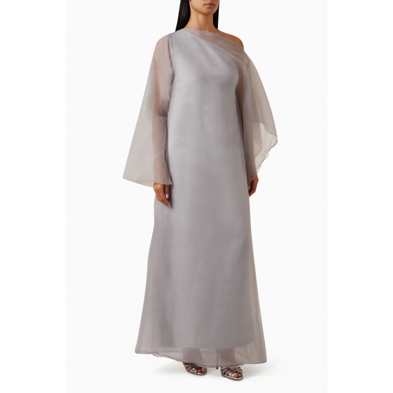 Roua AlMawally - Layered One-shoulder Maxi Dress in Satin & Organza Silver